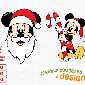 Peut inclure: Illustration numérique de Mickey Mouse habillé en Père Noël avec une barbe blanche et un chapeau rouge. Mickey Mouse tient une canne en sucre dans sa main droite. L'image est de style cartoon et convient pour une utilisation dans l'artisanat et les designs de vacances.