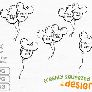 Pu&ograve; includere: Design digitale in bianco e nero con palloncini a forma di testa di Topolino. Alcuni palloncini riportano la scritta "It's a Boy", altri "It's a Girl". Il design include anche il testo "Digital Files included..." e il marchio "freshly squeezed designs."