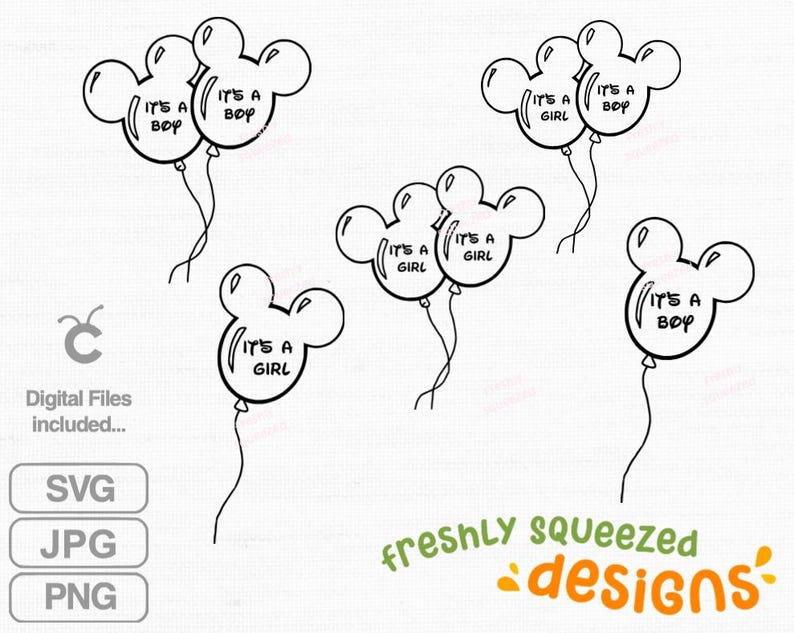 Pu&ograve; includere: Design digitale in bianco e nero con palloncini a forma di testa di Topolino. Alcuni palloncini riportano la scritta "It's a Boy", altri "It's a Girl". Il design include anche il testo "Digital Files included..." e il marchio "freshly squeezed designs."