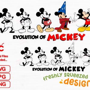 May include: Evolution of Mickey Mouse, a black and white cartoon character, from his earliest appearance to his modern look. The image includes the text "Evolution of Mickey" and "freshly squeezed designs".
