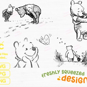 Winnie Bear Line Drawings Sketches, svg png jpg bundle, cricut cut files, silhouette and sublimation, simple and cute