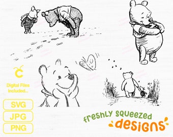 Winnie Bear Line Drawings Sketches, svg png jpg bundle, cricut cut files, silhouette and sublimation, simple and cute