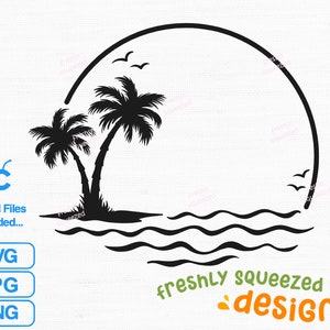 May include: Black and white silhouette of two palm trees on an island with a half circle above them. The island is surrounded by wavy lines representing water.