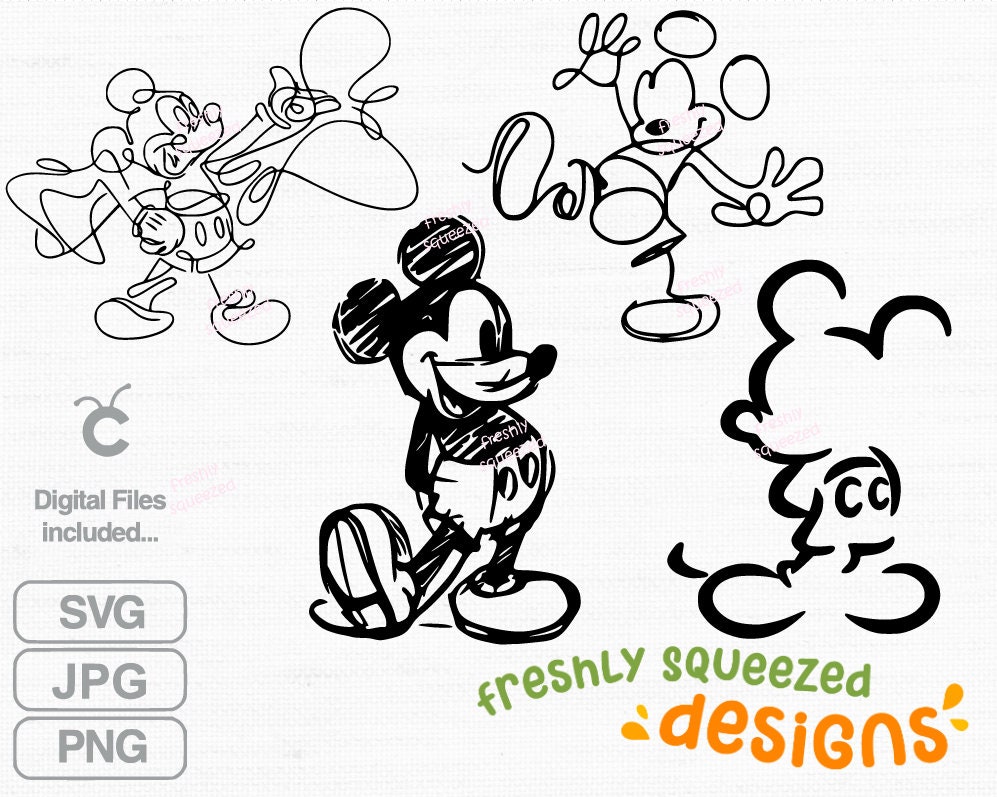 ミッキーマウスの線画スケッチ、SVG PNG JPG バンドル