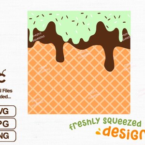 May include: A digital design of a waffle cone with green mint ice cream and chocolate sauce dripping down the sides. The waffle cone is orange and white and has a pattern of squares. The ice cream is topped with green and white sprinkles. The text "freshly squeezed designs" is at the bottom of the image.