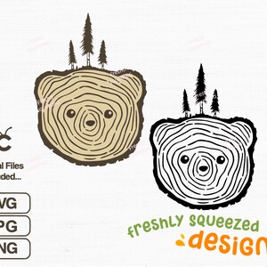 May include: A brown and white bear silhouette with a tree ring pattern and three small trees on top. The text "freshly squeezed designs" is below the bear.