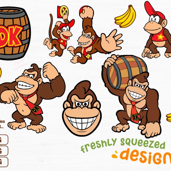 Donkey Kong and Diddy Collection svg png jpg bundle, Banana, Barrel, Gorilla, Game - svg cut files, Instant Digital Download