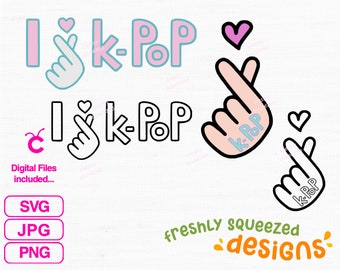 May include: A digital design featuring the text "I k-Pop" in pink and black with a hand gesture in the shape of a heart. The design is perfect for creating t-shirts, mugs, phone cases, and other personalised items.