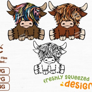 Cute Highland Cow Bundle, 3 color design, SVG PNG JPG files, Cricut Cut Files, Instant Download