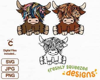 Cute Highland Cow Bundle, 3 color design, SVG PNG JPG files, Cricut Cut Files, Instant Download