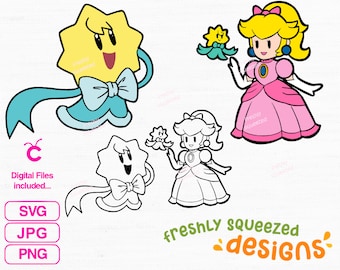 Puede incluir: Una ilustración digital de un personaje estrella amarilla con un lazo azul y un personaje princesa rosa sosteniendo una flor amarilla. La princesa lleva un vestido rosa con un cuello blanco y una corona. La imagen incluye el texto "freshly squeezed designs".