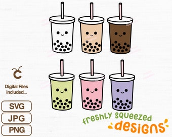 6 Kawaii Boba Tea SVG PNG JPG set, bubble tea kawaii, cute bubble tea clip art, kawaii png, boba tea, print stickers, Instant Download