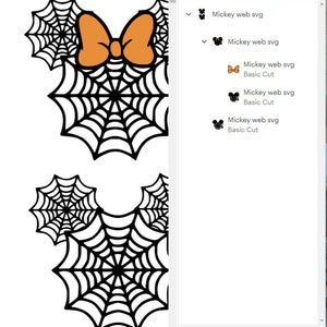 Może przedstawiać: Czarne i pomarańczowe uszy Myszki Miki w stylu Halloween z wzorem pajęczyny i dużą pomarańczową kokardką.