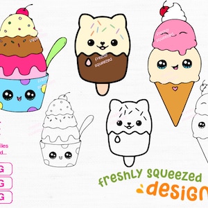 Cute Kawaii Treats ice cream popsicle designs SVG PNG JPG set, cute food clip art, kawaii png, print stickers, Instant Download