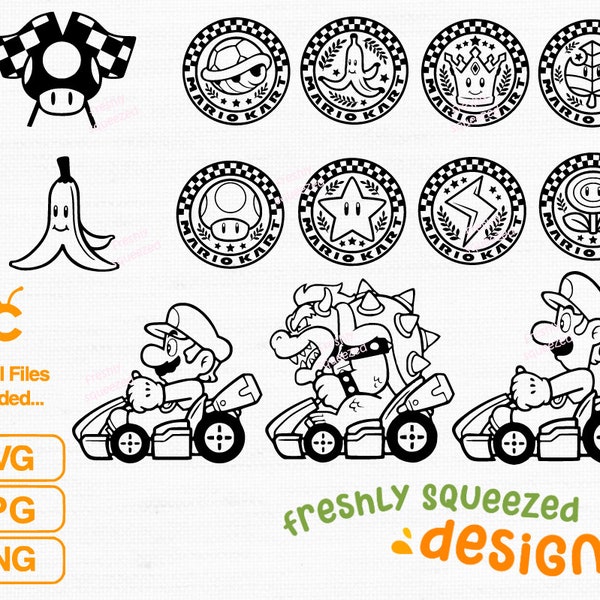 Mario Kart Cart Badge Cup Collection svg png jpg bundle, Star, Mushroom, Lighting, Flower, Mushroom - svg cut files, Bowser Mario Peach