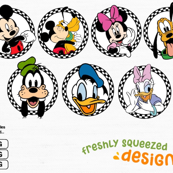 Mickey Pluto Goofy Daisy Donald Minnie Checkered Circle Character Faces, svg png jpg bundle, cricut cut files sublimation, Instant Download