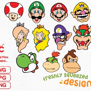 Könnte beinhalten: Ein Set mit 10 bunten Comicfiguren-Illustrationen mit Charakteren aus der Super Mario Bros. Videospiel-Franchise. Die Charaktere sind Mario, Luigi, Peach, Bowser, Toad, Yoshi, Wario, Waluigi, Donkey Kong und ein Goomba.