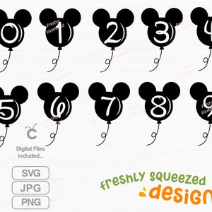 Puede incluir: Conjunto de nueve diseños de globos con cabeza de Mickey Mouse en blanco y negro con los números del 0 al 9 en su interior. Los globos tienen una cuerda atada a la parte inferior. El texto "Freshly Squeezed Designs" está en la parte inferior de la imagen.