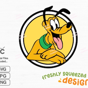 Peut inclure: Un chien de dessin anim&eacute; jaune avec un collier vert et un grand sourire, &agrave; l'int&eacute;rieur d'un cercle noir avec un fond jaune. Le texte "freshly squeezed designs" est en dessous du cercle.