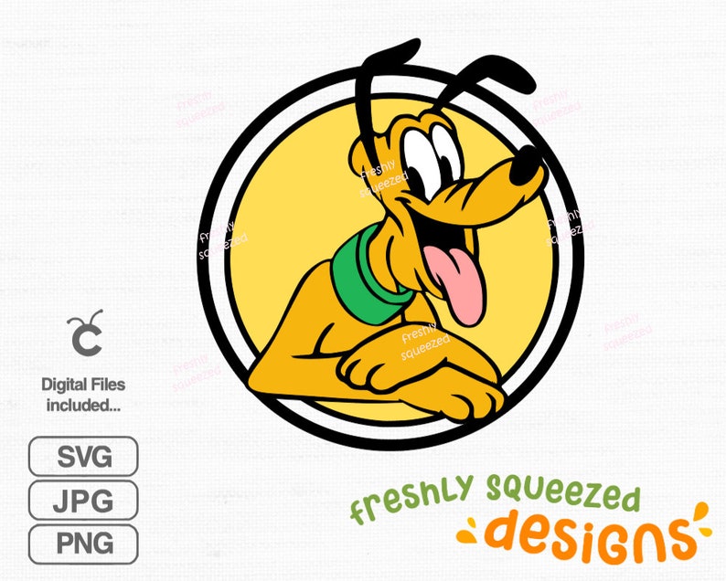 Peut inclure: Un chien de dessin anim&eacute; jaune avec un collier vert et un grand sourire, &agrave; l'int&eacute;rieur d'un cercle noir avec un fond jaune. Le texte "freshly squeezed designs" est en dessous du cercle.