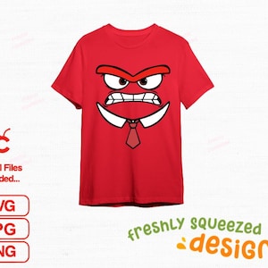 May include: A red t-shirt featuring a cartoon face with an angry expression. The face has a white mouth, teeth, and a red tie. The text "freshly squeezed designs" is in green and orange.