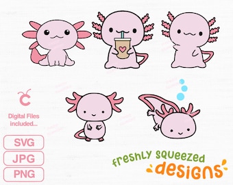 Cute Axolotl Bundle, color and outline designs, Kawaii Animal baby, SVG PNG JPG files, Cricut Cut Files, Instant Download