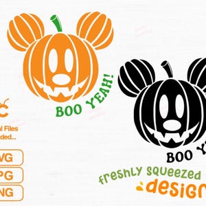 May include: Two Halloween-themed pumpkin designs. One is orange with a green stem and ears, the other is black. Both have a smiling jack-o'-lantern face and the words "BOO YEAH!" in green. The phrase "freshly squeezed designs" is also present.