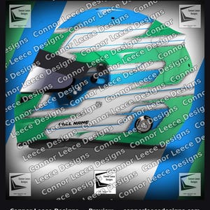 May include: A racing helmet design featuring a vibrant color scheme of blue, green, and white with diagonal stripes. The helmet includes a dark visor, black hardware, and a designated area labeled FULL NAME for personalization by Connor Leece Designs.