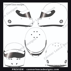 May include: A white racing helmet shown from four different angles, including side, front, and top views. The helmet features a dark tinted visor, circular side pivot points, and ventilation holes on the top. The text Connor Leece Designs appears.