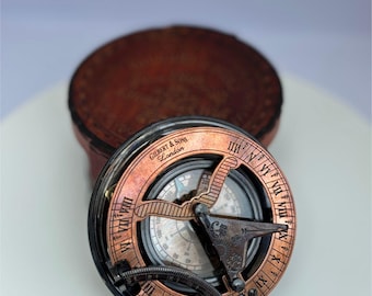 Antique Brass Sundial Compass with Leather Box: Handmade Nautical Gift