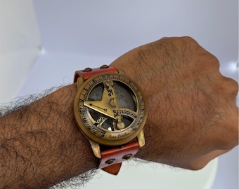 Brass Sundial Compass Watch: Handmade Leather Strap, Vintage Nautical Gift