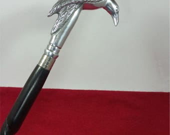 Raven Handle Walking Cane: Handmade Black Wood Shaft, Aluminum Bird Head