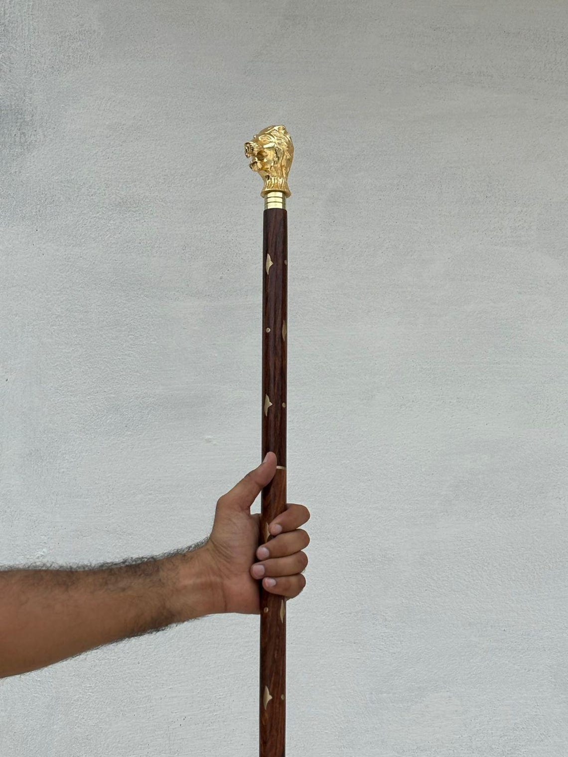 Lion Shell Inlay Handmade Brass Lion Head Walking Stick: Teak Wood Cane With Inlay - Etsy