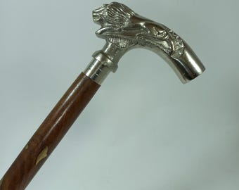 Aluminum Lion Handle Foldable Walking Stick | 36" Wooden Cane | Vintage-Style Cane for Travel & Gift