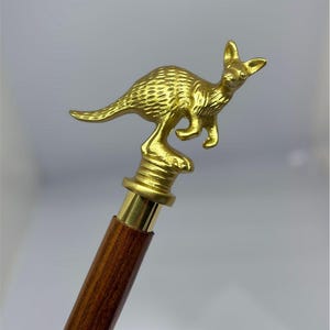 Vintage Kangaroo Sculpture Walking Cane | 36&quot; Brass Handle | Wooden Foldable Shaft | Handmade Collectible Walking Stick | Gift for Him