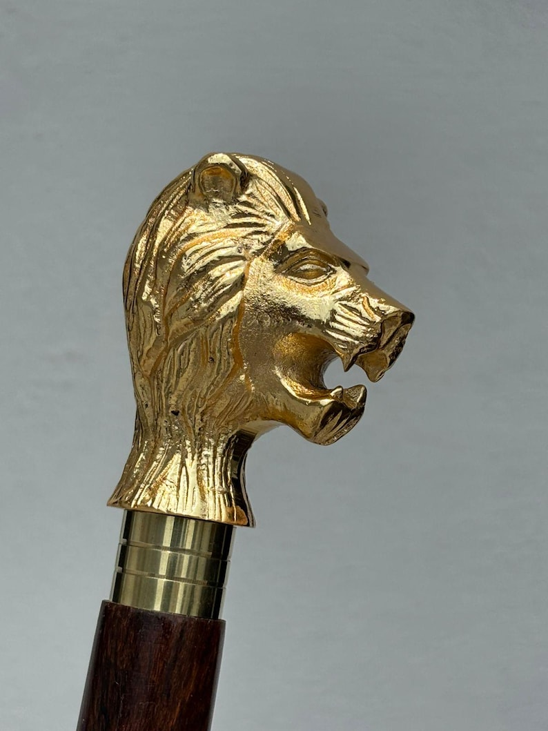 Lion Shell Inlay Handmade Brass Lion Head Walking Stick: Teak Wood Cane With Inlay - Etsy