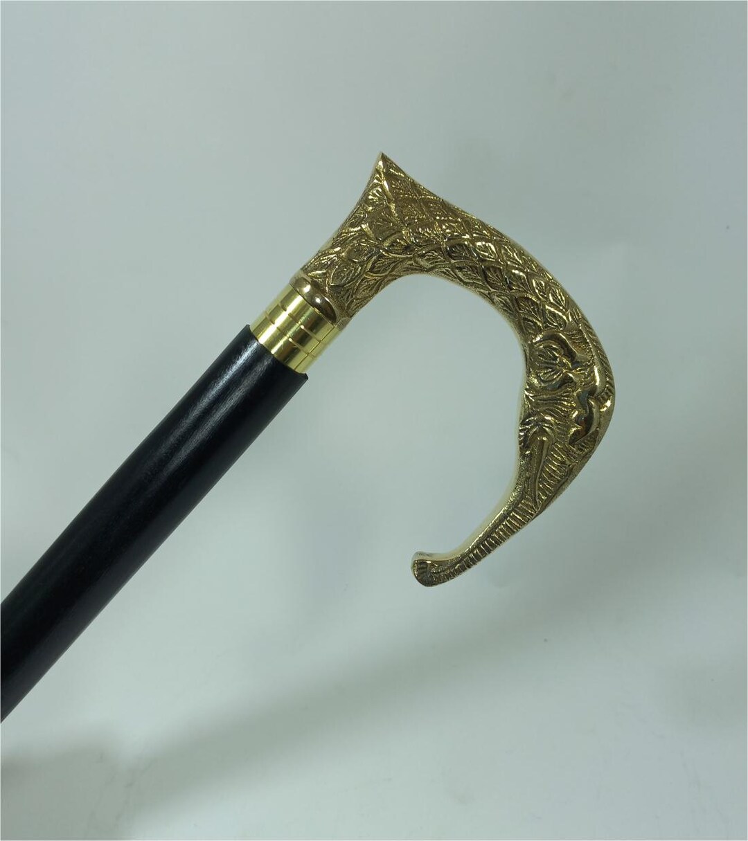 Brass Elephant Trunk Walking Stick: Handmade Wooden Cane, 36