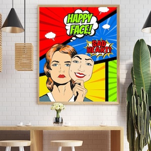 Wohnzimmer Wanddekor Pop Art Wandkunst – glückliches Gesicht, trauriges Herz Poster – emotionaler Retro Print für Gen Z Räume, Dekor für psychische Gesundheit
