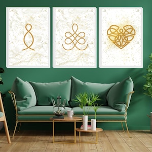 Feng shui prints for living room Feng Shui Endless Knot Wall Art Set | 3-Piece Gold Symbol Prints