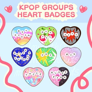 Peut inclure: Neuf badges en forme de cœur représentant les noms de groupes de K-pop populaires : NCT Dream, NCT 127, WayV, Dreamcatcher, TXT, BTS, Twice, Blackpink.