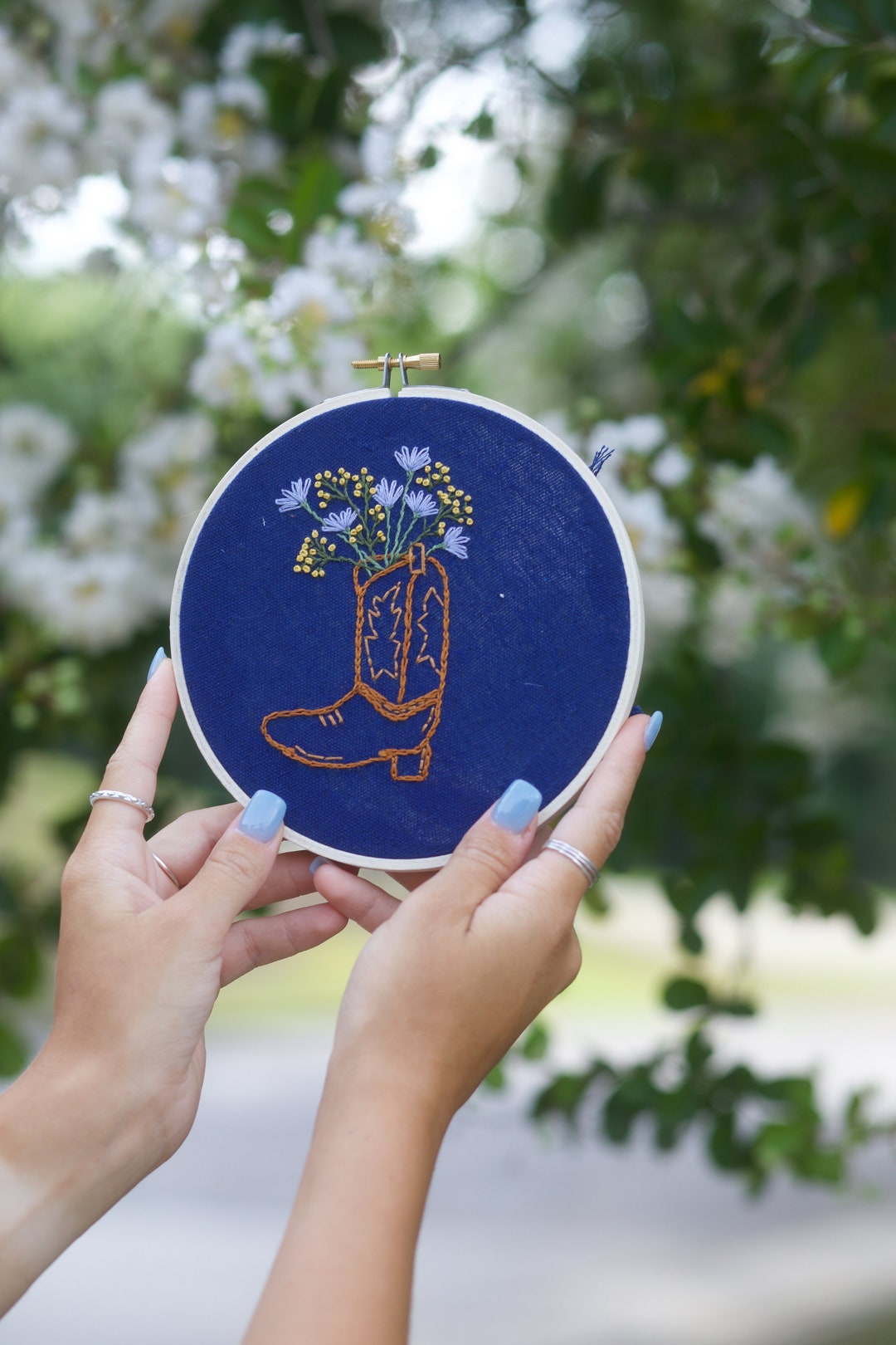 Boot and Flowers Handstitched Embroidery Hoop Art Etsy