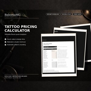 Tattoo Pricing Calculator Excel Template, Quote Worksheet for Artists, Automatic Hourly Rate and Studio Minimum