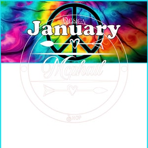 May include: A colorful tie-dye background with a black peace sign and the text "DESIGN January" above a white circle with the text "Mcphail SHOP".