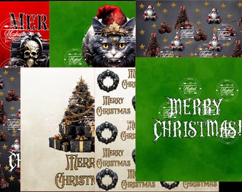 Op de afbeelding: Een digitale collage van kerstthema-afbeeldingen. De afbeeldingen omvatten een zwarte en gouden schedel, een zwarte kat met een kerstmanmuts, een zwarte kerstboom met gouden ornamenten en cadeaus, een krans met schedels en een groene achtergrond met de tekst "Merry Christmas!" in wit.