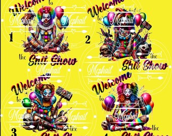 Op de afbeelding: Een gele achtergrond met vier afbeeldingen van clownachtige figuren met kleurrijk haar, make-up en kostuums. Elke afbeelding bevat de tekst "Welcome to Mcphail the Shit Show". De clowns houden ballonnen en rekwisieten vast.