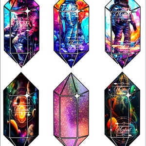 May include: Six colorful, geometric crystal shapes with different space-themed designs. Each crystal has a black outline and a white background. The designs include an astronaut, a galaxy, and a nebula.