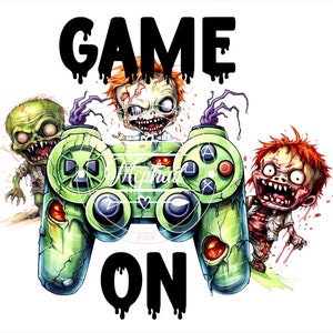 May include: A green video game controller with three zombie characters. The text "GAME ON" is dripping with black paint.