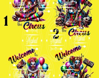 Op de afbeelding: Vier afbeeldingen op een gele achtergrond met een clown thema. Elke afbeelding heeft de tekst "Welcome to the Circus" en "Mcphail". De clowns zijn kleurrijk en houden ballonnen en een hamer vast. De nummers 1, 2, 3 en 4 staan in de linker benedenhoek van elke afbeelding.