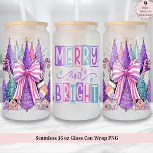 Coquette Christmas Tumbler Wrap, Merry and Bright Festive Xmas Tree Holiday Purple 16oz Glass Can PNG, UVDTF, 16 oz Cup Sublimation Design