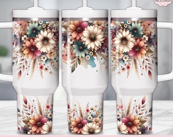 Boho Flowers 40oz Tumbler Wrap, Seamless Floral 40oz Quencher Tumbler, Retro Vintage Flower PNG, Sublimation Design Instant Digital Download